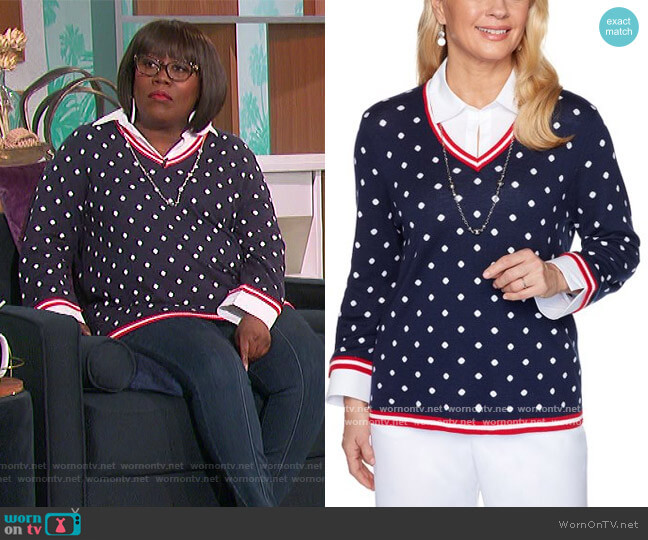 Alfred Dunner Navy Polka Dot Sweater & Necklace worn by Sheryl Underwood on The Talk