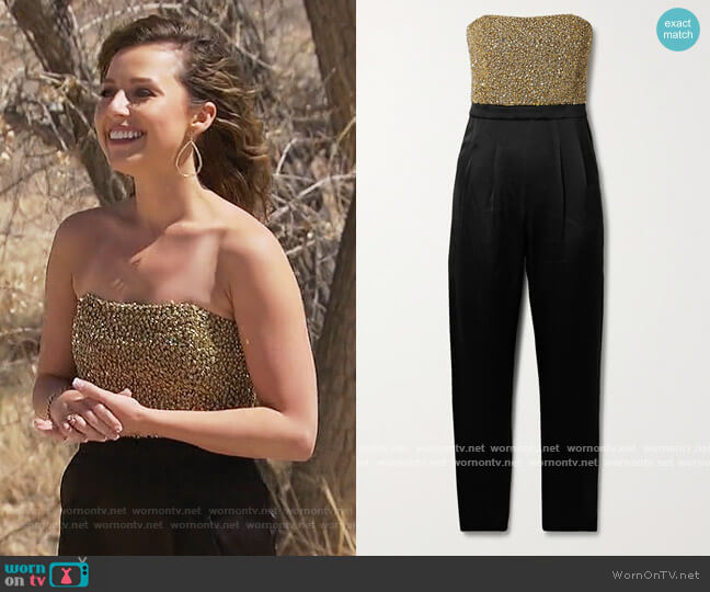 Alice + Olivia Jeri strapless embellished duchesse-satin jumpsuit worn by Katie Thurston on The Bachelorette