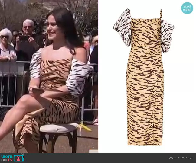 Rejina Pyo Amelia Off-Shoulder Tiger Print Dress worn by Donna Farizan on Today