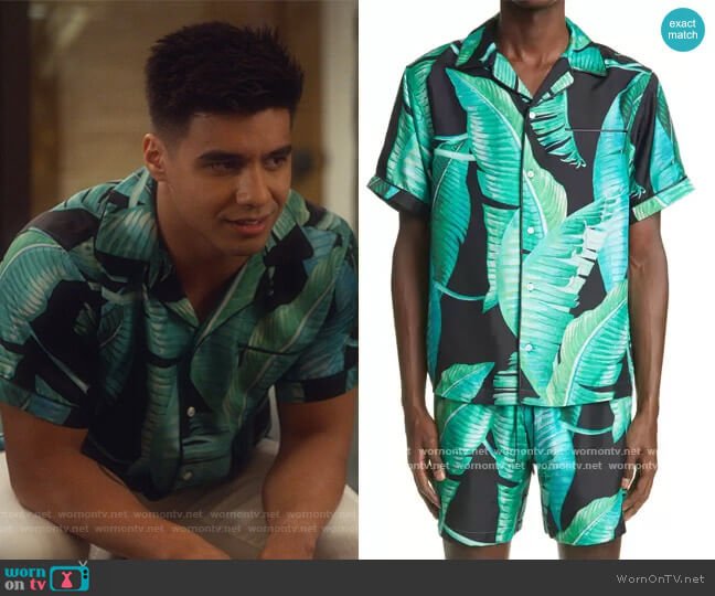 Amiri Banana Leaves Silk Button-Up Camp Shirt worn by Vivek Shah (Jordan Buhat) on Grown-ish
