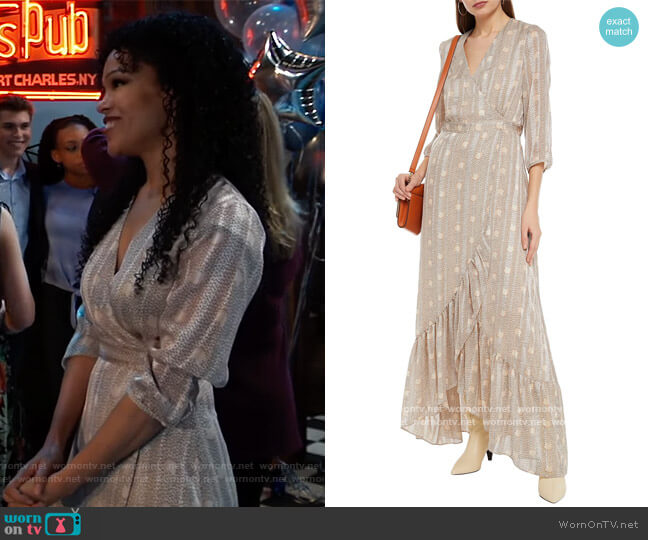 Ba&sh Pisy printed metallic jacquard maxi wrap dress worn by Portia Robinson (Brook Kerr) on General Hospital
