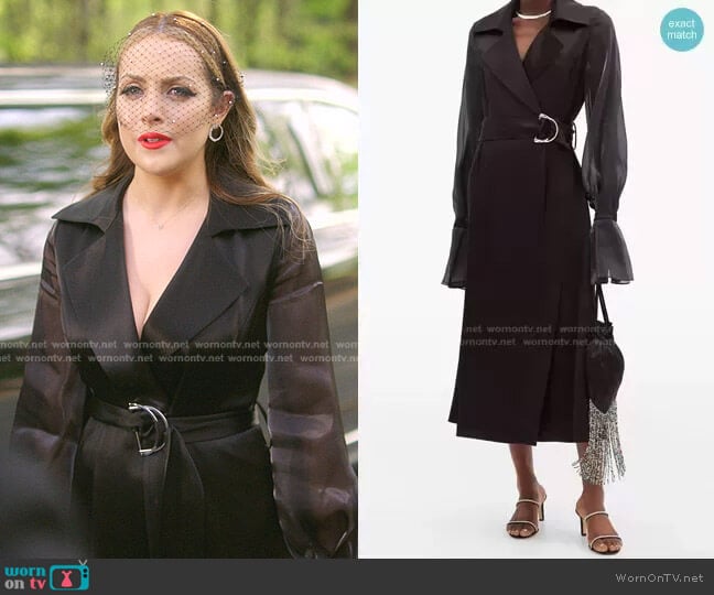 Galvan Balloon-Sleeves Satin Wrap Dress worn by Fallon Carrington (Elizabeth Gillies) on Dynasty