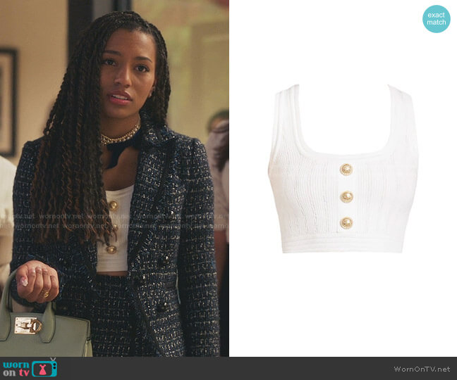 Balmain Button-Trimmed Ribbed Crop Top worn by Monet de Haan (Savannah Lee Smith) on Gossip Girl
