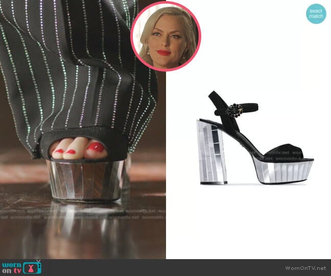 Dolce & Gabbana Belluci Mirror Platform Suede Sandals worn by Alexis Carrington (Elaine Hendrix) on Dynasty
