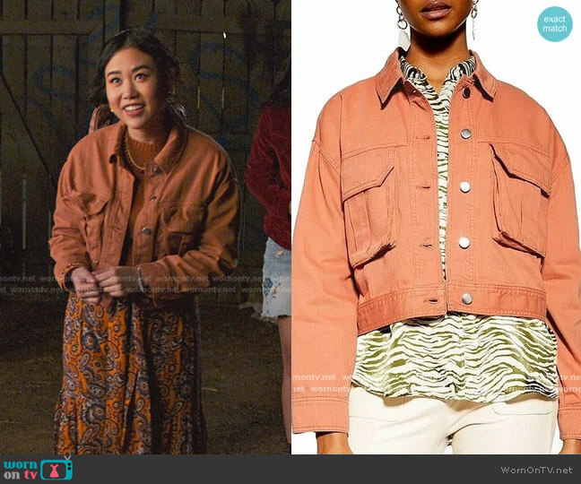 Topshop Brown Cropped Denim Jacket worn by Eleanor Wong (Ramona Young) on Never Have I Ever