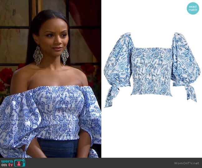 Caroline Constas Finley Paisley Puff Sleeve Top worn by Chanel Dupree (Raven Bowens) on Days of our Lives