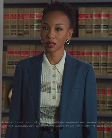 Carmen Moyo’s white striped knit polo on The Good Fight
