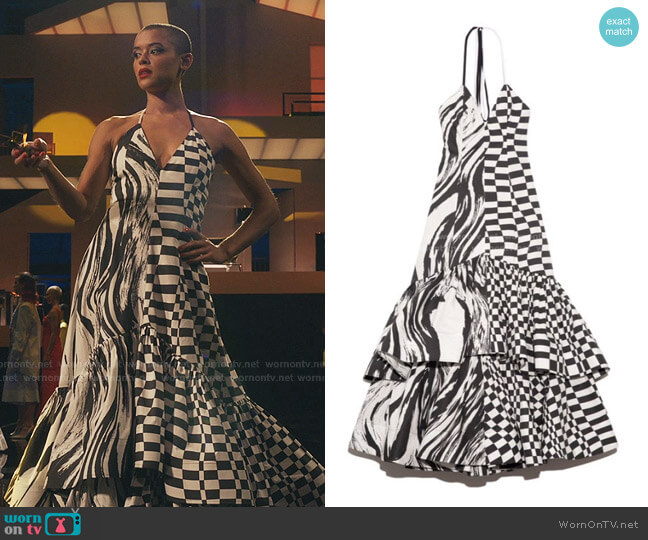 Christopher John Rogers Graphic Cotton Halter Maxi Dress worn by Julien Calloway (Jordan Alexander) on Gossip Girl