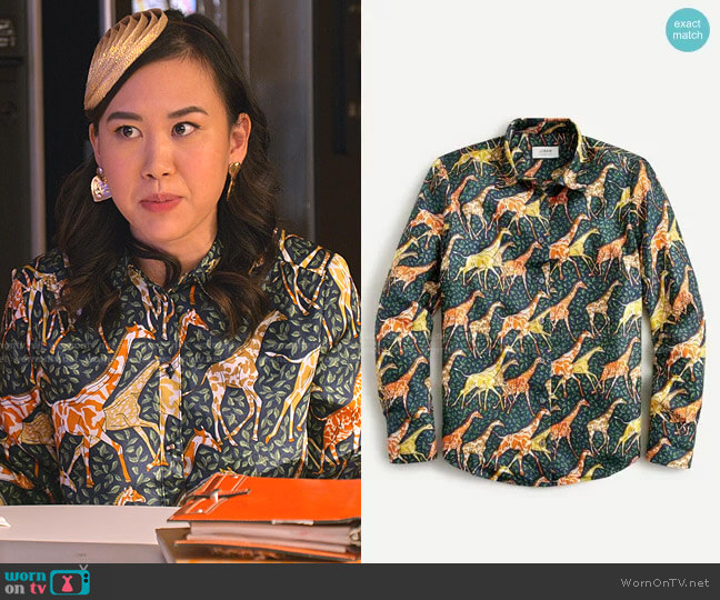 J. Crew Collection silk twill shirt in giraffes worn by Eleanor Wong (Ramona Young) on Never Have I Ever