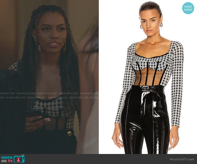 David Koma Houndstooth Net Corset Bodysuit worn by Monet de Haan (Savannah Lee Smith) on Gossip Girl