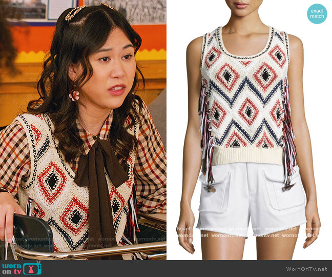 Derek Lam 10 Crosby Tassel-Front Sleeveless Knit Shell worn by Eleanor Wong (Ramona Young) on Never Have I Ever