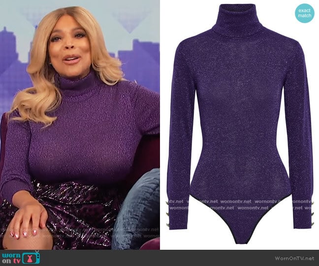 Diane von Furstenberg Malka metallic merino wool-blend turtleneck bodysuit worn by Wendy Williams on The Wendy Williams Show