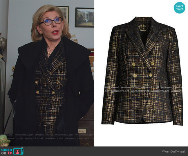 Elie Tahari Jezebel Metallic Tweed Double-Breasted Blazer worn by Diane Lockhart (Christine Baranski) on The Good Fight