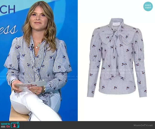 Pearl by Lela Rose Embroidered Stripe Pussy Bow Top worn by Jenna Bush Hager on Today