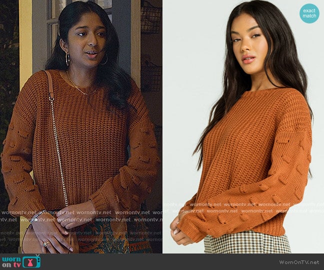 Full Tilt Pom Detail Balloon Sleeve Womens Rust Sweater worn by Devi Vishwakumar (Maitreyi Ramakrishnan) on Never Have I Ever