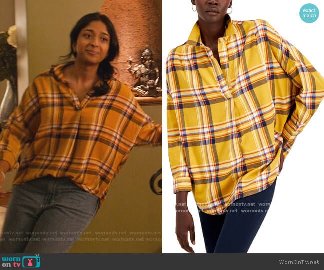 French Connection Rhodes Cotton Checked Popover Top worn by Devi Vishwakumar (Maitreyi Ramakrishnan) on Never Have I Ever
