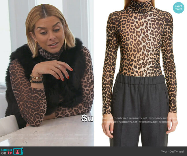 Ganni Animal Print Mesh Turtleneck worn by Robyn Dixon on The Real Housewives of Potomac