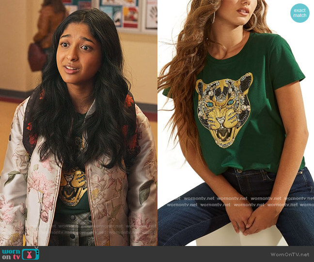 Guess Embellished Animal-Graphic T-Shirt worn by Devi Vishwakumar (Maitreyi Ramakrishnan) on Never Have I Ever
