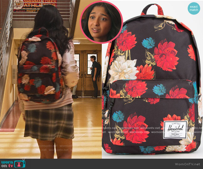 Herschel Supply Black Floral Backback worn by Devi Vishwakumar (Maitreyi Ramakrishnan) on Never Have I Ever