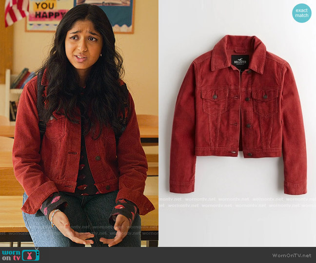 Hollister Red Corduroy Jacket worn by Devi Vishwakumar (Maitreyi Ramakrishnan) on Never Have I Ever