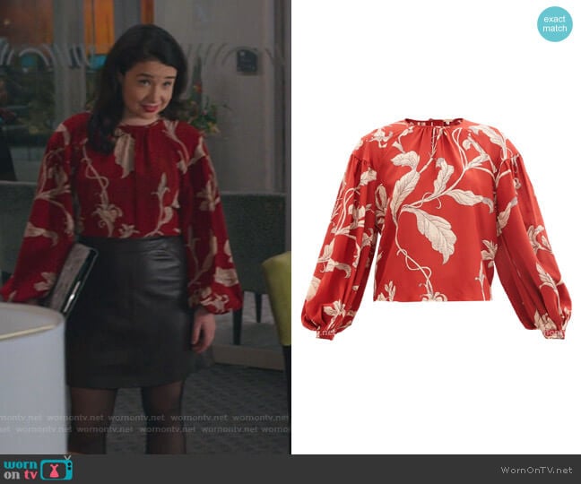 Johanna Ortiz Hecho Por Amor floral-print silk-crepe blouse worn by Marissa Gold (Sarah Steele) on The Good Fight