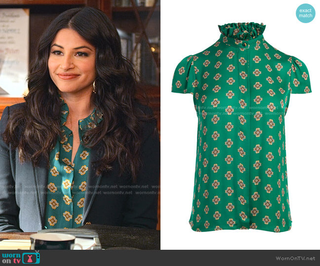 Alice + Olivia Juliette Ruffle Mock Neck Blouse worn by Kamala (Richa Moorjani) on Never Have I Ever