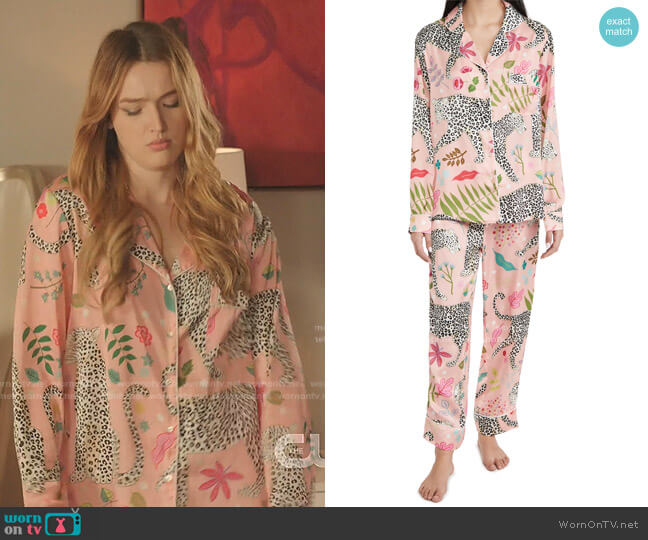 Karen Mabon Snow Leopard Long Pajama Set worn by Kirby Anders (Maddison Brown) on Dynasty