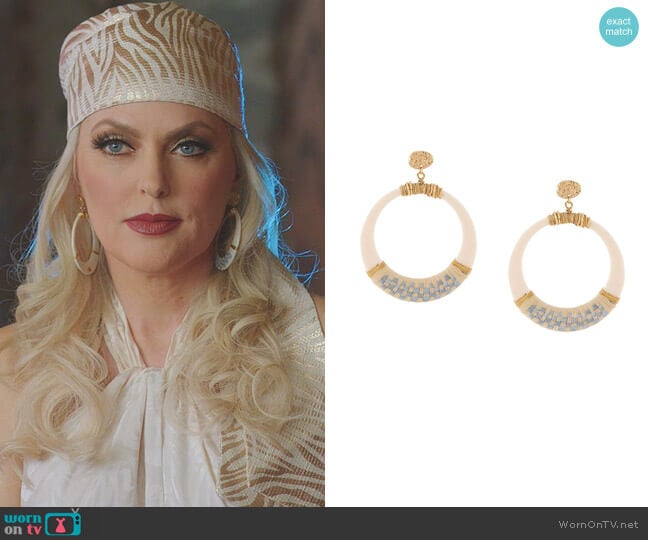 Gas Bijoux Lodge Raffia Hoop Earrings worn by Alexis Carrington (Elaine Hendrix) on Dynasty