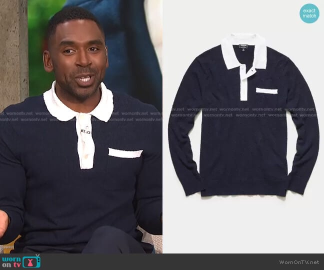 Todd Snyder Long Sleeve Boucle Polo worn by Justin Sylvester on E! News