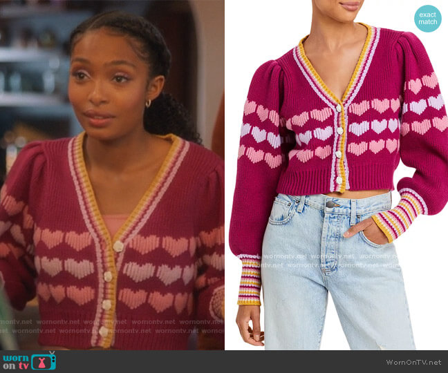 LoveShackFancy Buena Heart Print Cropped Cardigan worn by Zoey Johnson (Yara Shahidi) on Grown-ish