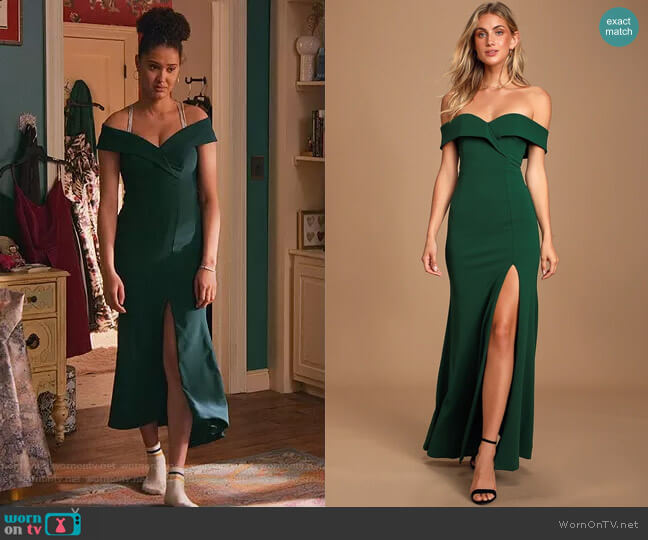 Lulus Song of Love Hunter Green Off-the-Shoulder Maxi Dress worn by Fabiola Torres (Lee Rodriguez) on Never Have I Ever