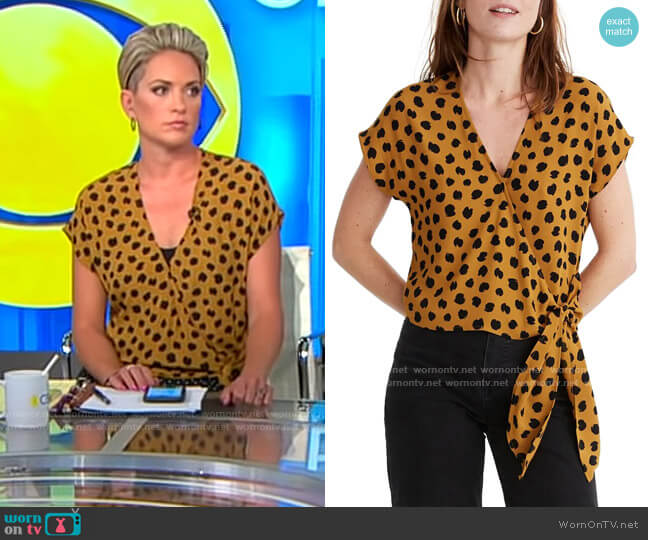 Madewell Sash-Tie Wrap Top in Painted Spots worn by Jamie Yuccas on CBS Mornings