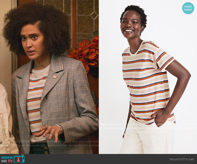 Madewell Whisper Cotton Rib-Crewneck Tee in Daniels Stripe worn by Fabiola Torres (Lee Rodriguez) on Never Have I Ever