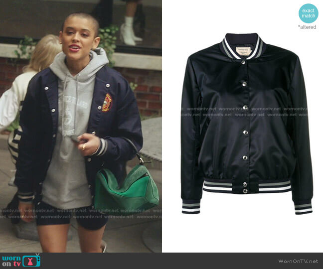 Maison Kitsune Satin Teddy Bomber Jacket worn by Julien Calloway (Jordan Alexander) on Gossip Girl