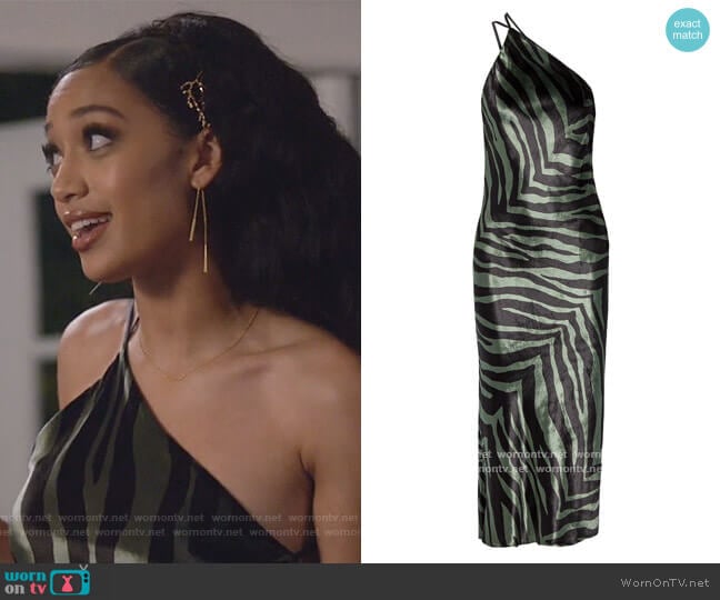 Michelle Mason Open-back draped zebra-print velvet midi dress worn by Olivia Baker (Samantha Logan) on All American