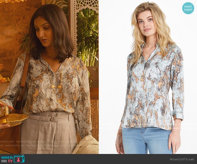 Nic & Zoe Globe Trotter Blouse worn by Nalini Vishwakumar (Poorna Jagannathan) on Never Have I Ever