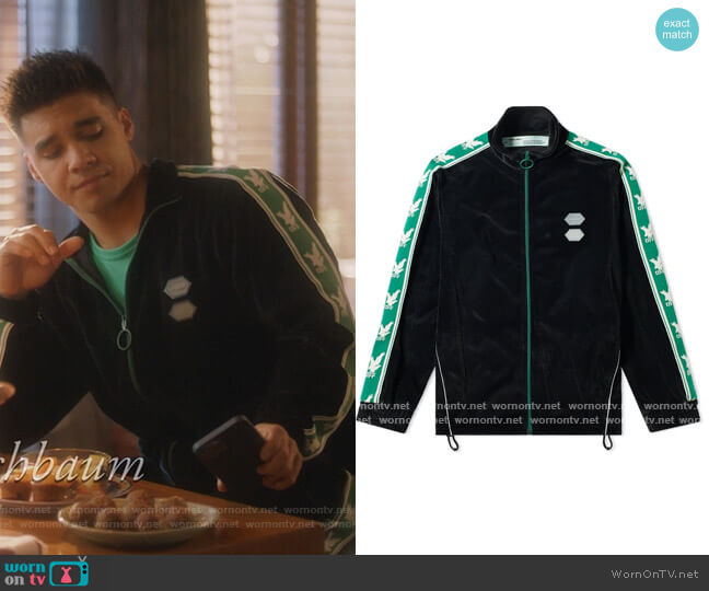 Off-White Logo Intarsia Velour Track Jacket worn by Vivek Shah (Jordan Buhat) on Grown-ish