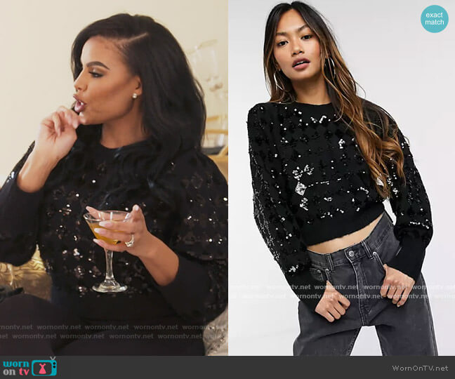 & Other Stories Sequin Detail Puff Sleeve Sweater worn by Mia Thornton on The Real Housewives of Potomac