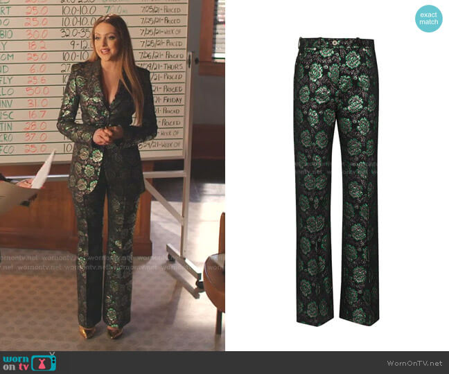 Paco Rabanne Floral-Jacquard Trousers worn by Fallon Carrington (Elizabeth Gillies) on Dynasty