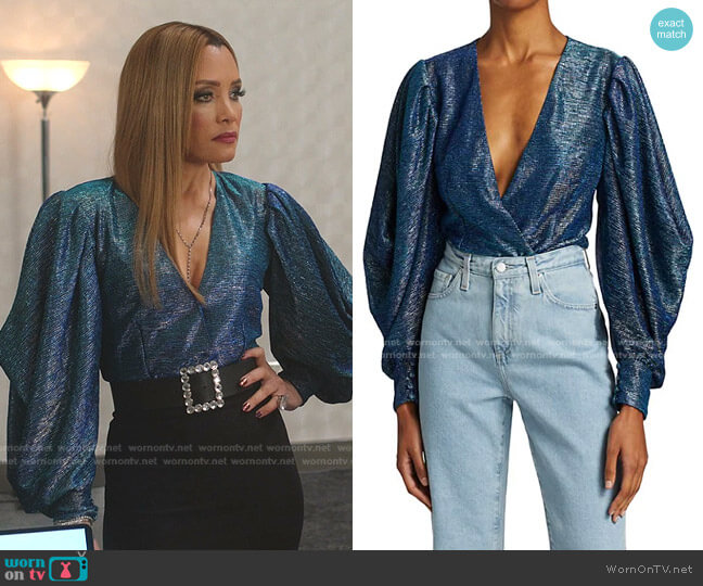 PatBO Metallic Plunge Bodysuit worn by Dominique Deveraux (Michael Michele) on Dynasty