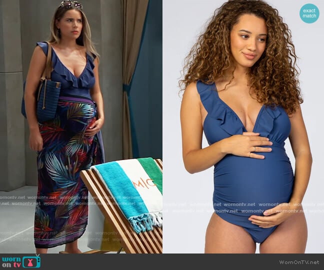 Pink Blush Ruffle Maternity One-Piece Maternity Swimsuit worn by Sasha Gilmore (Sofia Mattsson) on General Hospital