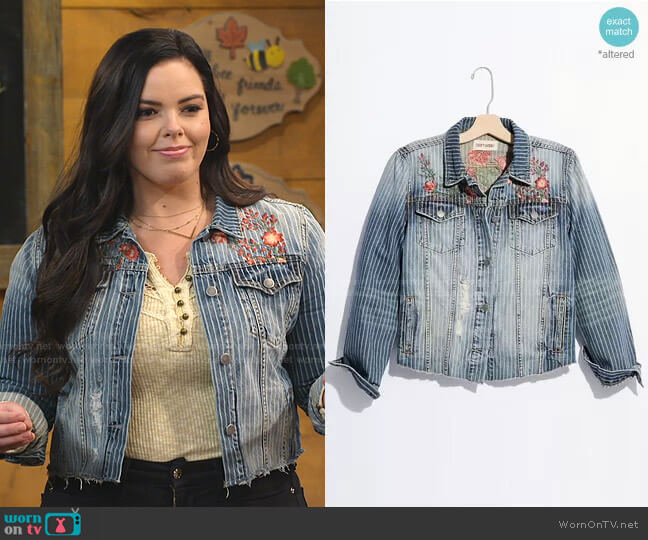 Driftwood Pinstripe Denim Trucker Jacket worn by Lou Hockhauser (Miranda May) on Bunkd