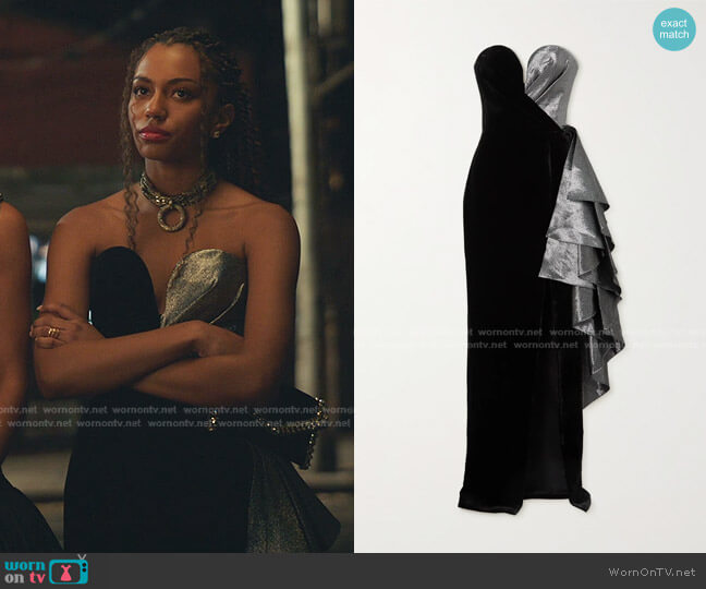 Rasario Strapless Ruffled Lamé and Velvet Gown worn by Monet de Haan (Savannah Lee Smith) on Gossip Girl