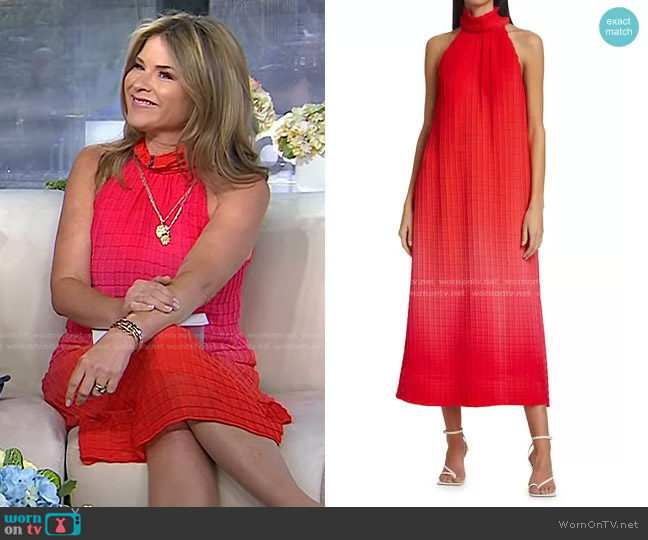 Lela Rose Raised Plissé Chiffon Halter Midi Dress worn by Jenna Bush Hager on Today