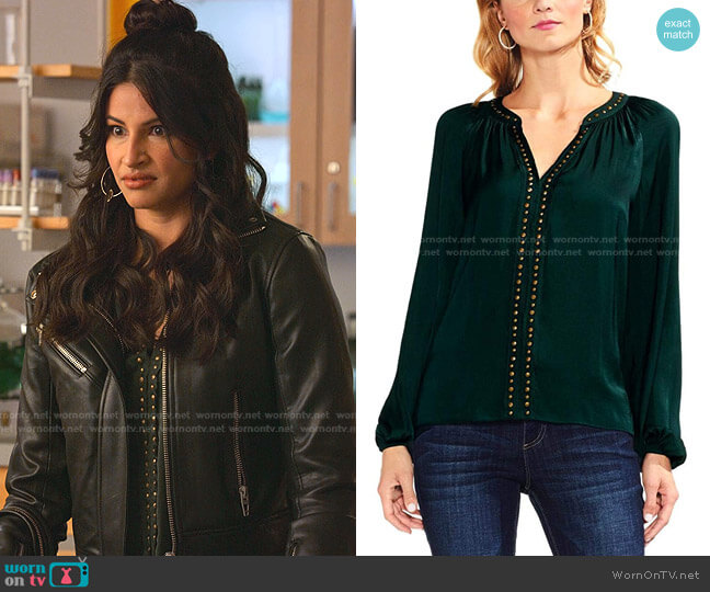 Vince Camuto Rumple Stud Trim Blouse worn by Kamala (Richa Moorjani) on Never Have I Ever
