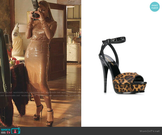 Saint Laurent Leopard Print Sandals worn by Dominique Deveraux (Michael Michele) on Dynasty