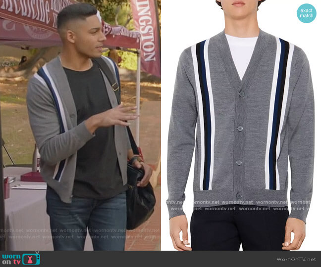 Sandro College Wool Striped Button Cardigan worn by Jordan Baker (Michael Evans Behling) on All American