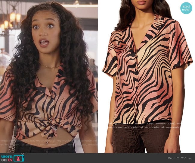 Sandro Ines Zebra-Print Short-Sleeve Silk Shirt worn by Olivia Baker (Samantha Logan) on All American