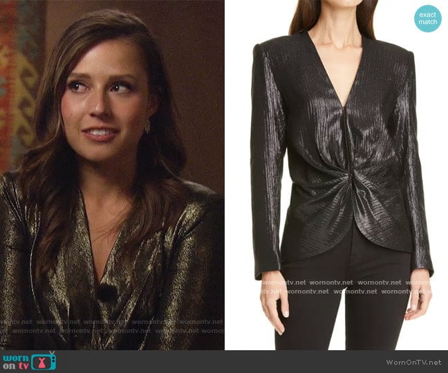 Smythe Metallic Ruched Long Sleeve Silk Blouse worn by Katie Thurston on The Bachelorette