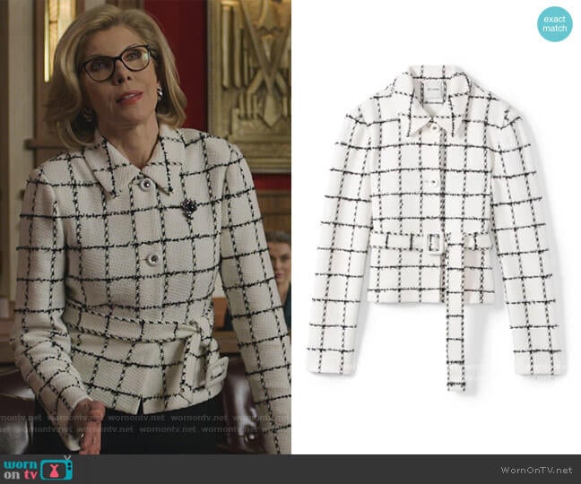 St. John Eyelash Windowpane Knit Belted Jacket worn by Diane Lockhart (Christine Baranski) on The Good Fight